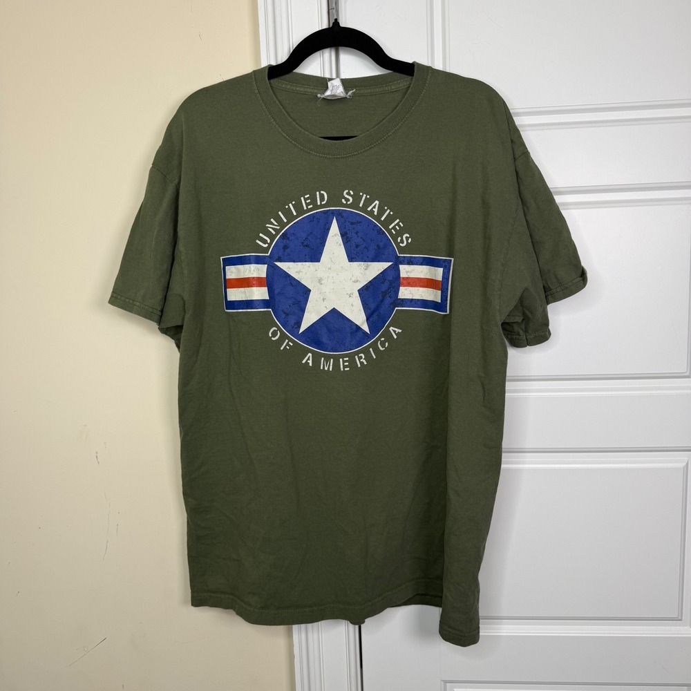USAF Graphic T-Shirt Mens XL Green USA Star Military Distressed Cotton Tee